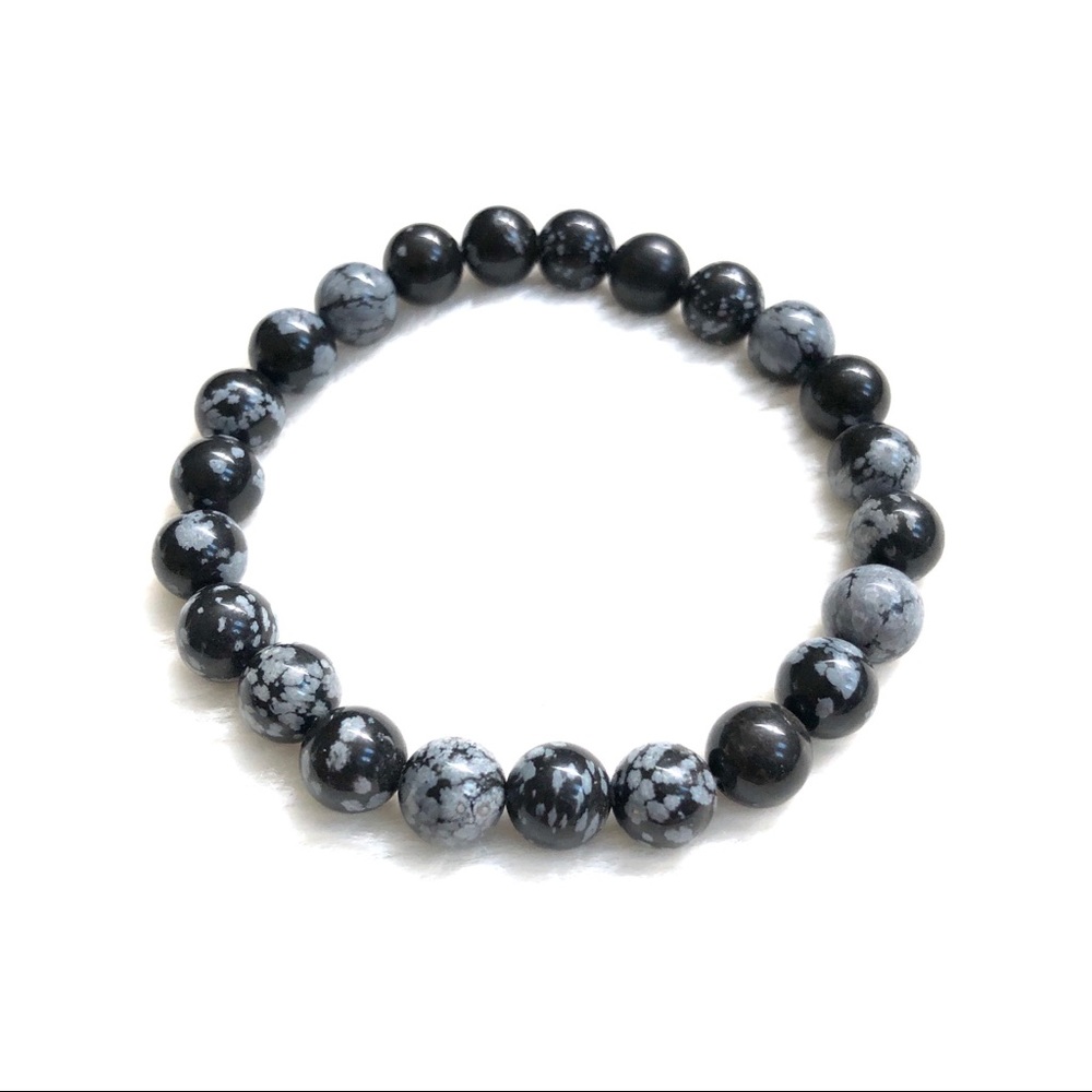 Snowflake Obsidian Beaded Stretch Bracelet - Black & Gray